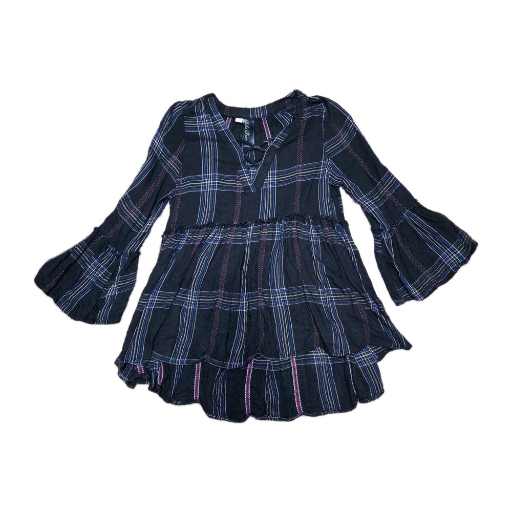 Blue Rain Black‎ Plaid Babydoll Top Bell Sleeves Boho Peasant Blouse Size S